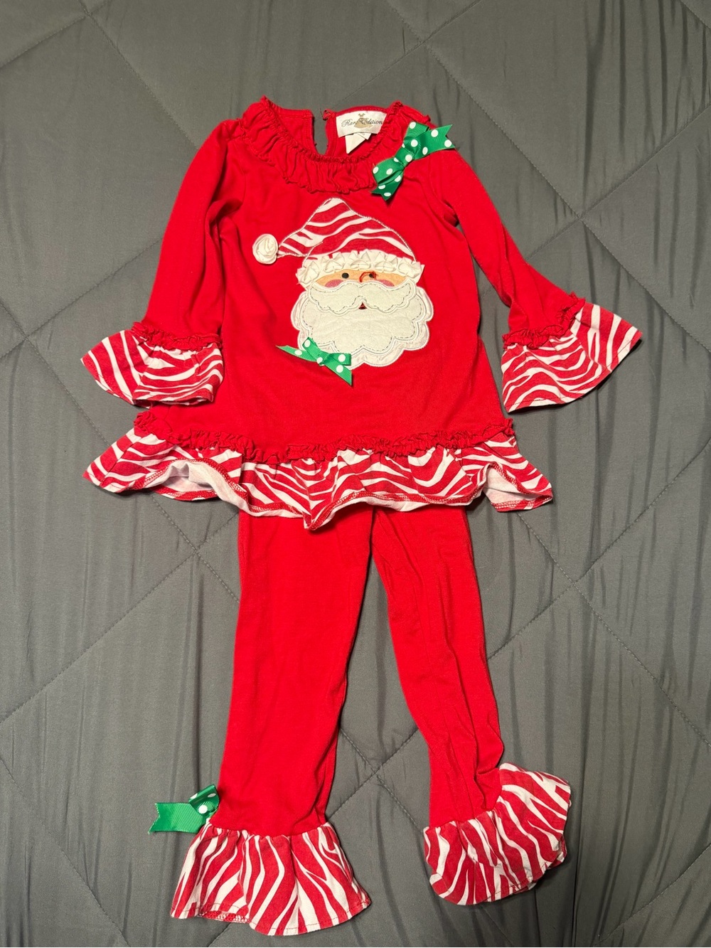 Girls Red Santa Ruffle Top & Legging Set with Green Bows